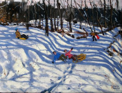 Two Boys Falling Off a Sledge, Morzine by Andrew Macara